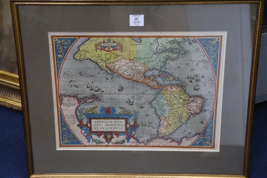 Abraham Ortelius Map of Americae Sive Nova Descriptio on an oval projection,1587 or later, Theatrum Orbis Terrarum Latin edition 14.5